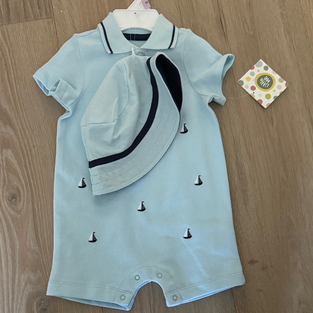 Little Me Light Blue Sailboat One Piece with Hat